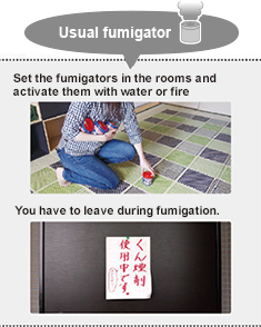 Usual fumigator : Set the fumigators in the rooms and activate them with water or fire　You have to leave during fumigation.