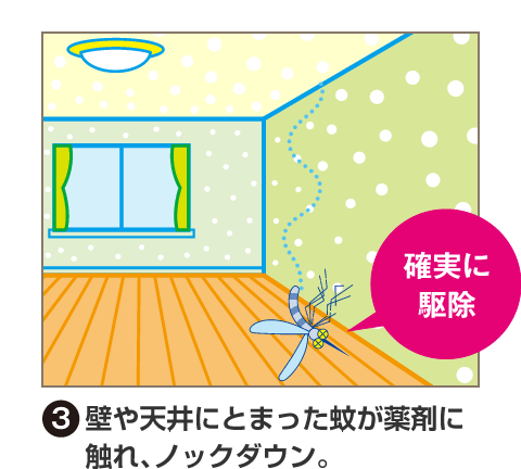 (3)壁や天井にとまった蚊が薬剤に触れ、ノックダウン。 確実に駆除