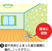 (3)壁や天井にとまった蚊が薬剤に触れ、ノックダウン。 確実に駆除