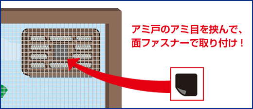 アミ戸のアミ目を挟んで、面ファスナーで取り付け！