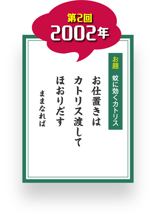 第2回 2002年 お題 蚊に効くカトリス お仕置きは カトリス渡して ほおりだす ままなれば