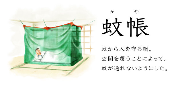 蚊帳 蚊から人を守る網。空間を覆うことによって、蚊が通れないようにした。